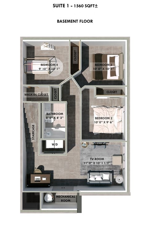 Floor plan for 4 beds, 2 baths, 1560 sqft